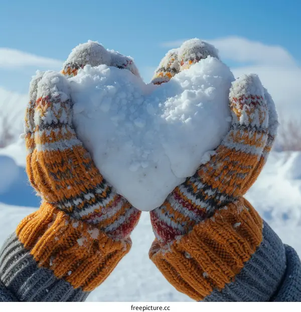A heart made of snow in the hands of a person wearing orange gloves