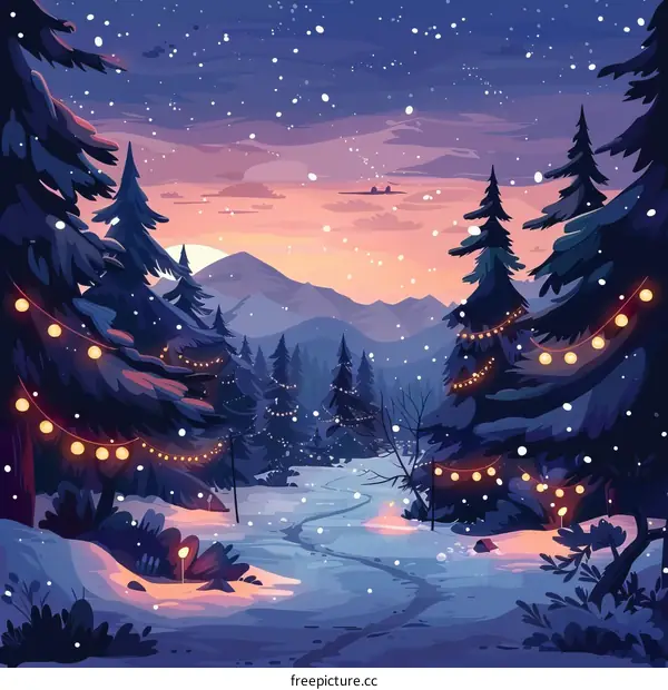 Snowy Forest Path at Sunset