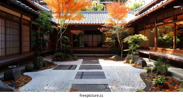 Traditional Japanese Courtyard Garden in Autumn