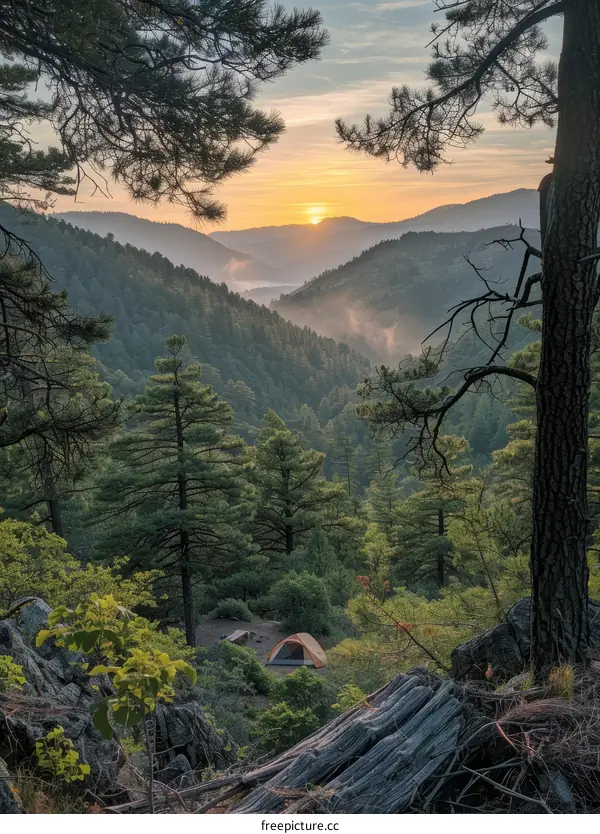 Camping in the mountains with a view of the valley