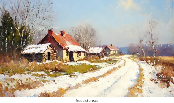 Winter Landscape with Snow-Covered Cottages
