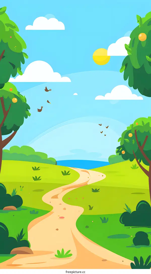 Summer Landscape with Winding Path Through Green Meadow and Blue Sky