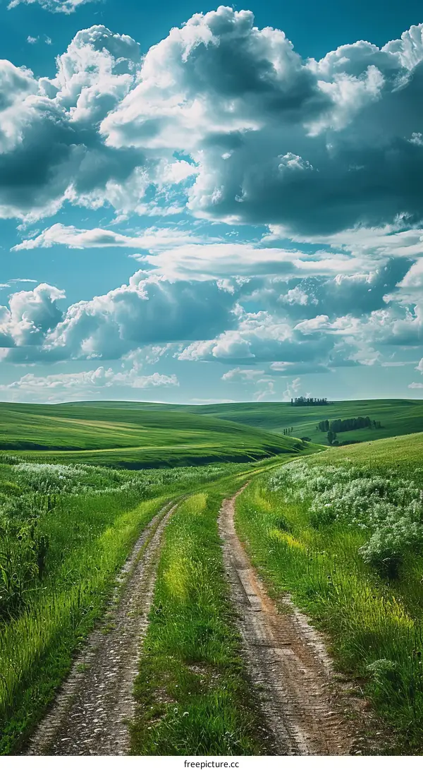 Countryside dirt road through a lush green grassy field on a cloudy day