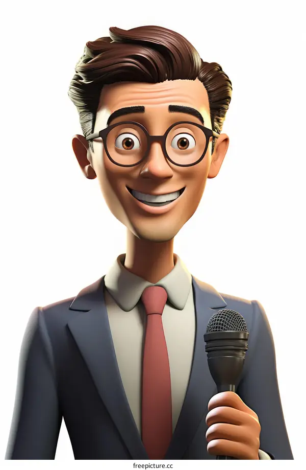 Smiling 3D Male News Anchor Holding Microphone