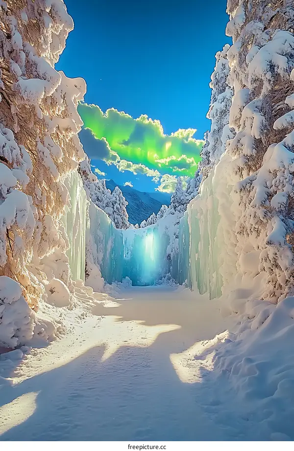 Frozen Forest Pathway with Northern Lights