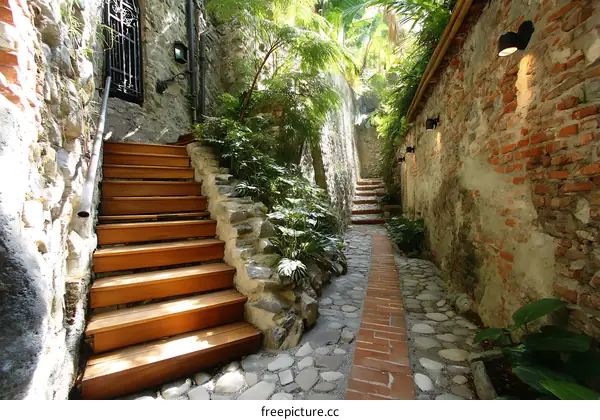 Wooden Steps and Stone Pathway in a Lush Garden
