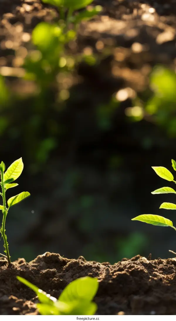 Two young plants growing in the soil with blurred background
