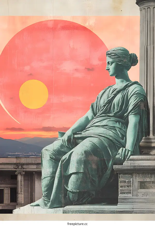Collage Art with Woman Statue and Sunset