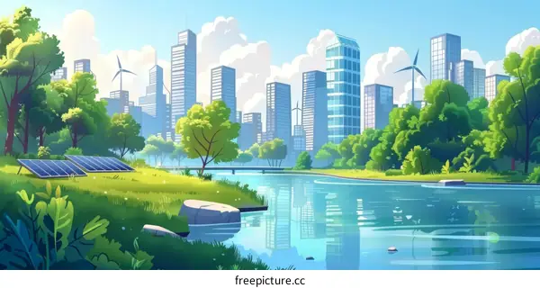 Green City Park with Solar Panels and Wind Turbines