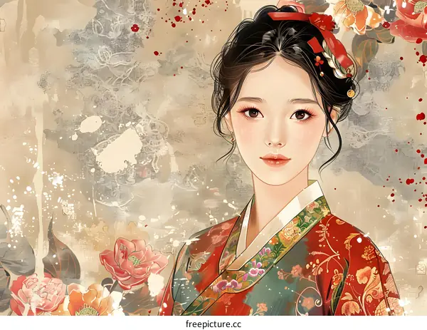 A beautiful illustration of a young woman in a traditional Korean hanbok