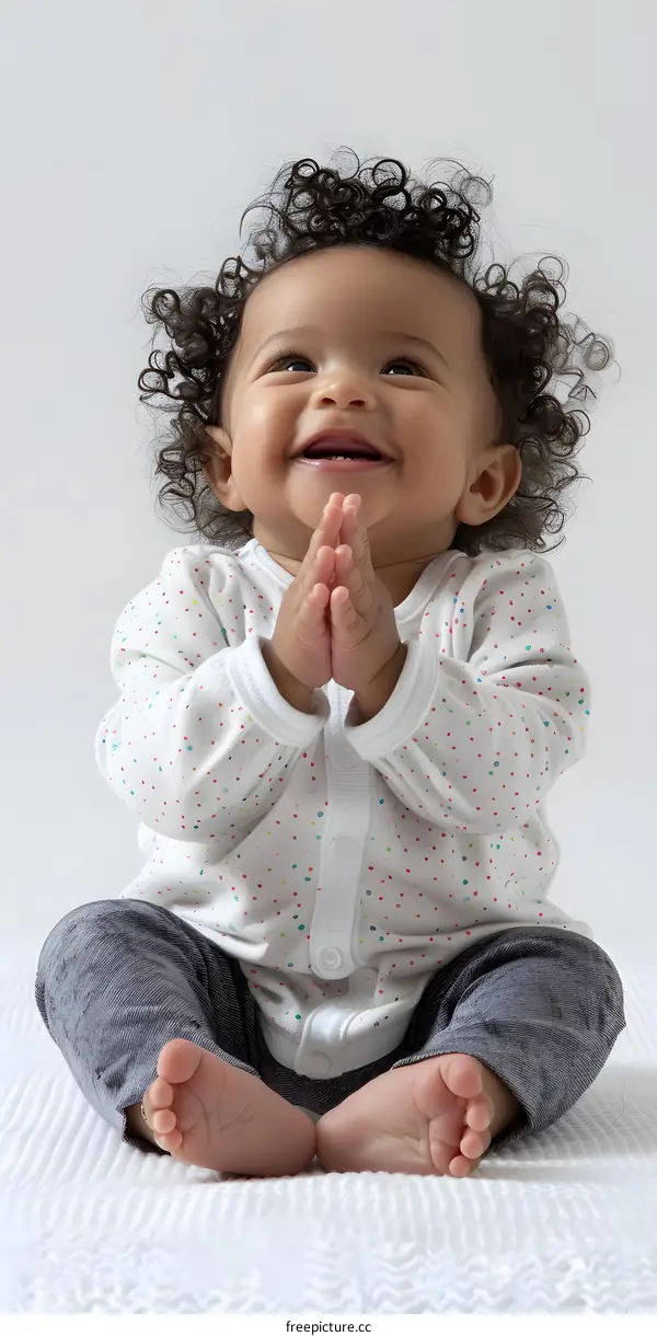 Cute Baby Girl With Curly Hair Sitting On White Blanket