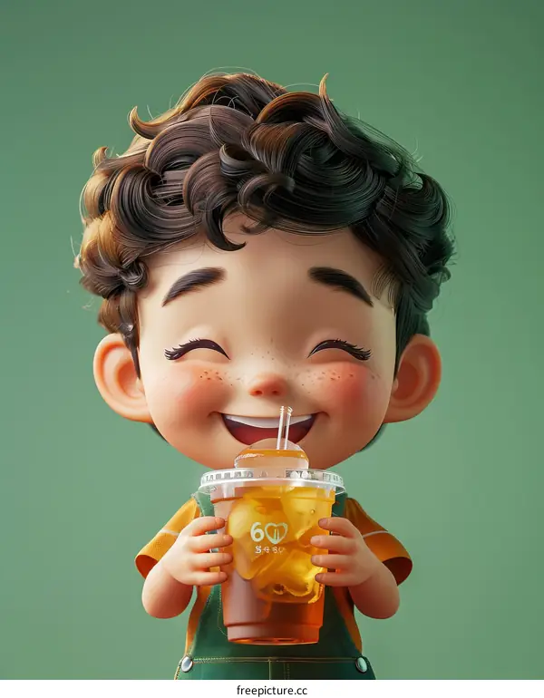 Young Boy with Freckles Drinking Iced Tea Illustration