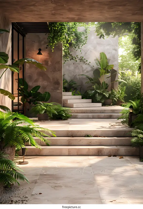 Steps lead up to the entrance of a building with lush greenery on either side