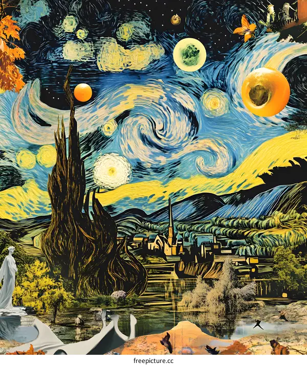 Starry Night Art Print with Abstract Elements