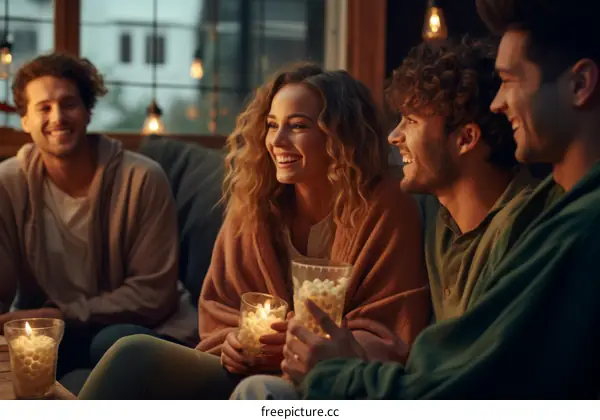 A group of friends are sitting on a couch and laughing.