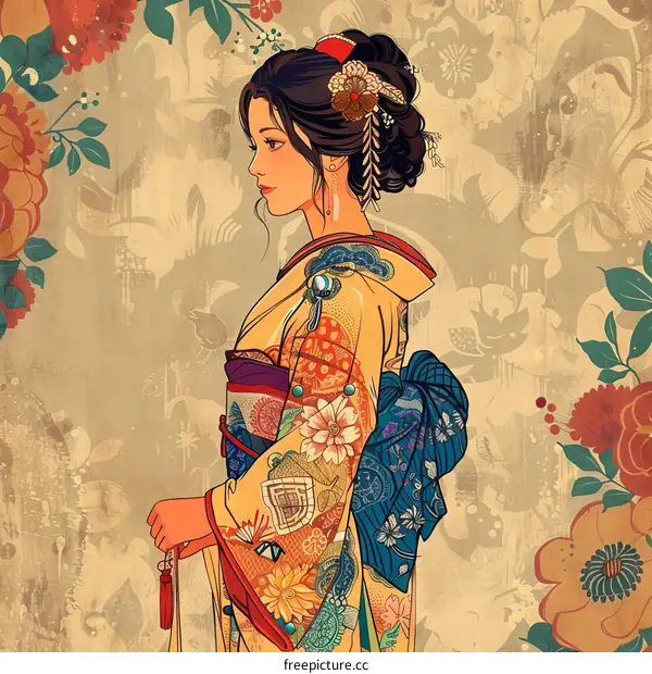 An illustration of a Japanese woman in a kimono with a floral background