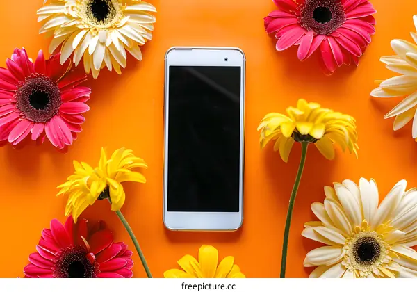White Smartphone Surrounded by Yellow and Pink Gerbera Daisies on Orange Background