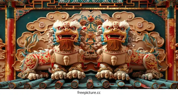 Stone Lions Guarding the Palace Museum Roof