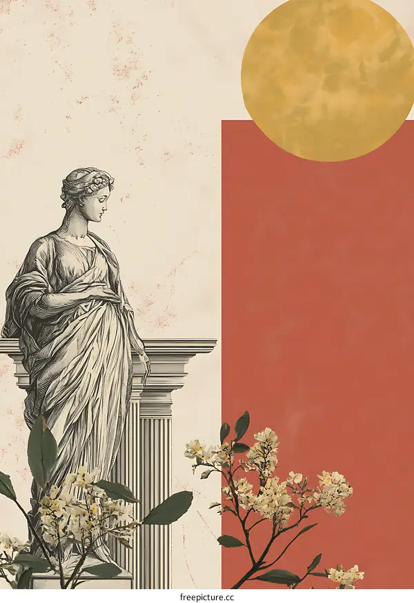 Vintage Roman Statue with Flowers and Sun