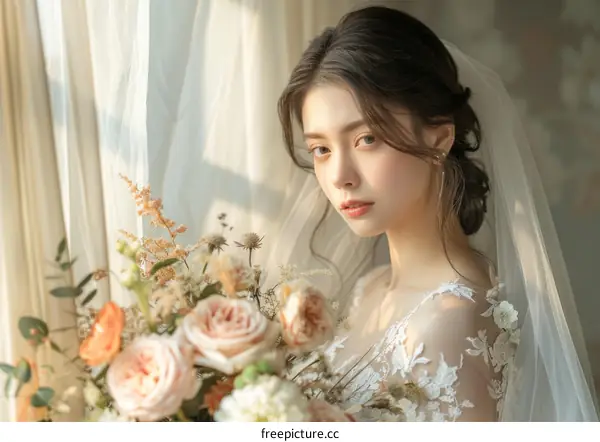 An Asian bride with a bouquet of flowers