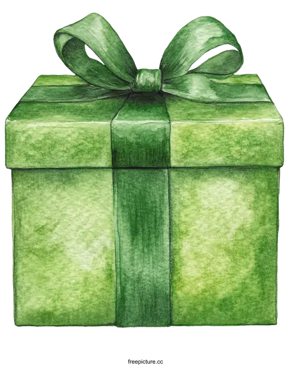 [Transparent Background PNG]Watercolor Gift Box with Green Ribbon