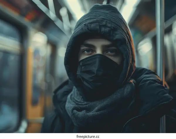 Portrait of a young man wearing a mask on a subway train