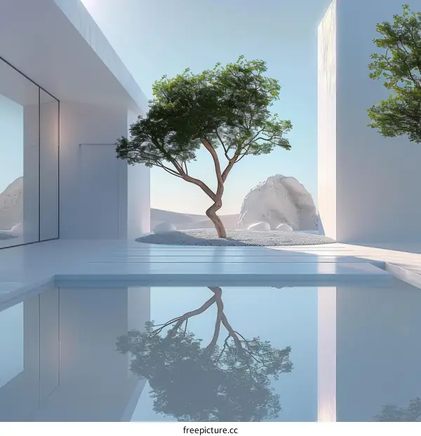 Serene Minimalist Courtyard with Tree and Pond