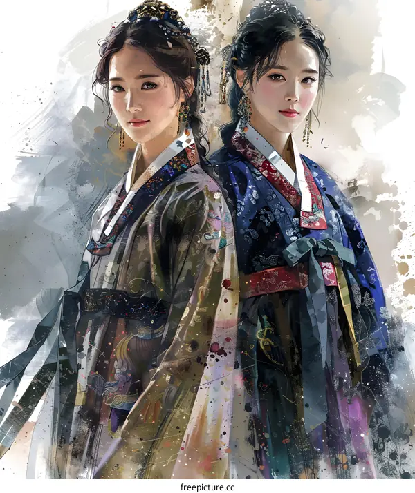 Two Korean women in traditional Korean dress, or Hanbok