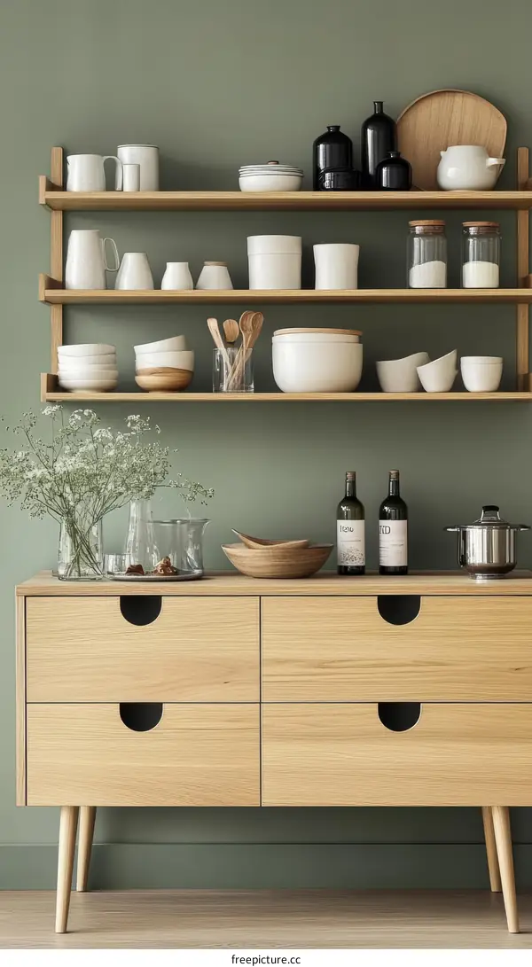 Modern Kitchen with Wooden Shelving and Drawers
