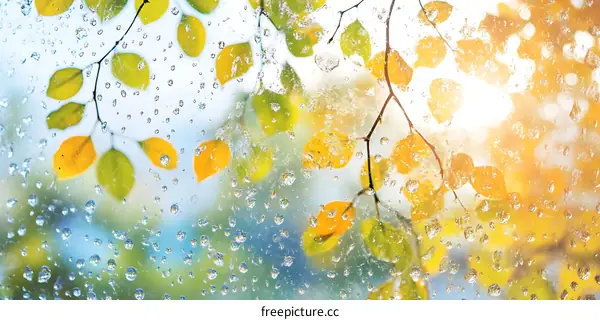 Autumn Leaves Through Window With Raindrops