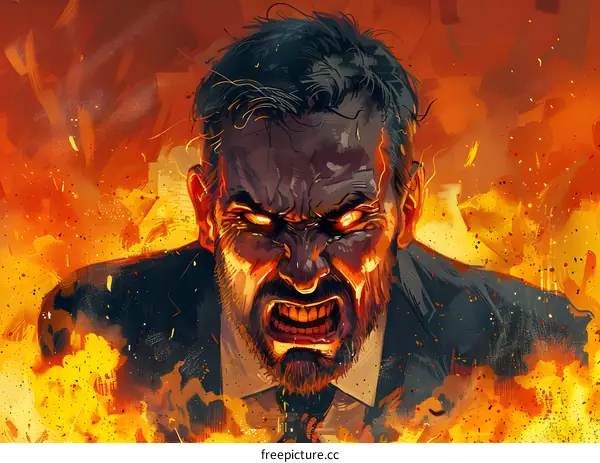 A man with a beard is standing in front of a fire. He is wearing a suit and tie. His eyes are glowing red and he has a beard. He is surrounded by flames.