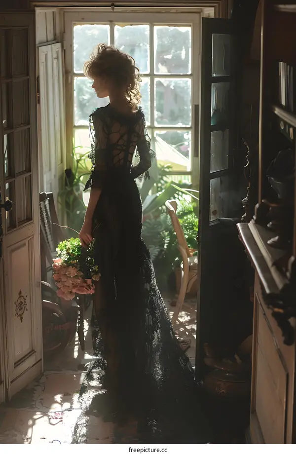 A woman in a black dress is standing in a room with a lot of plants.