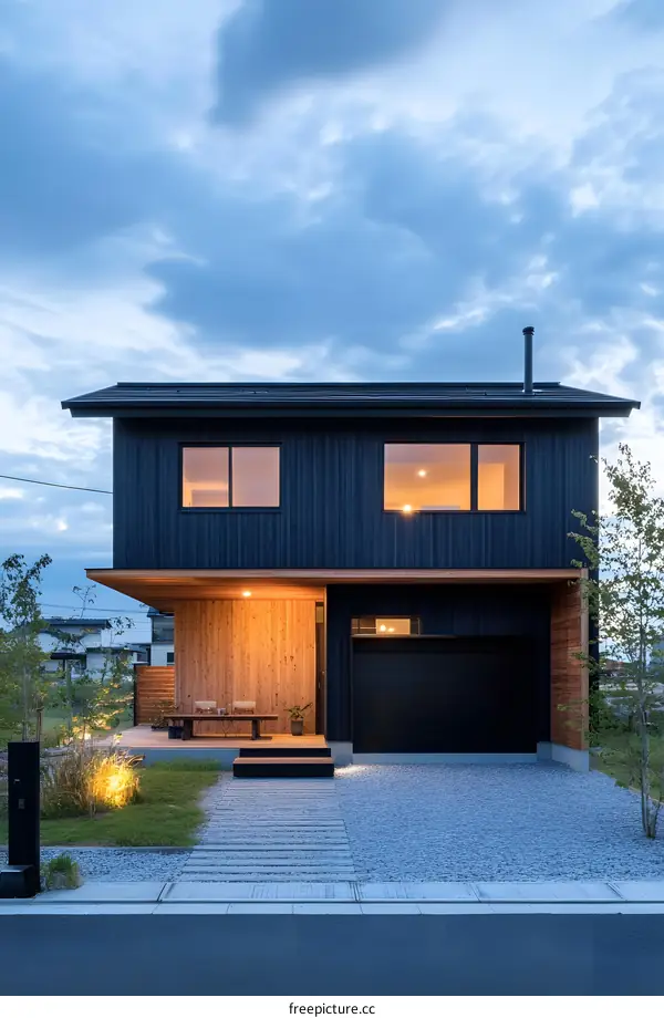 Modern Black and Wood House with Gravel Driveway and Front Yard