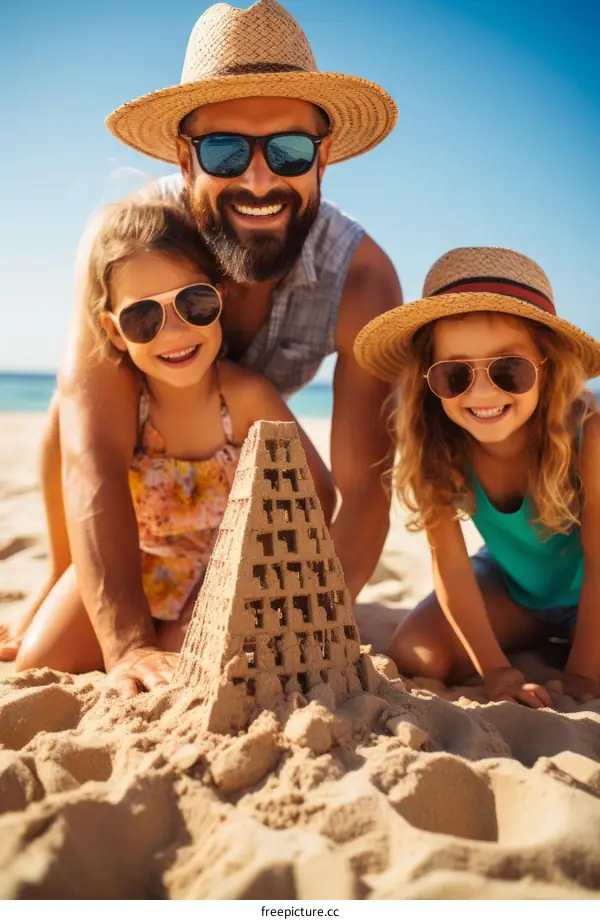 Father and daughters building sandcastle on beach