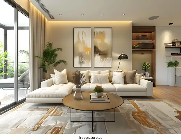 The living room is decorated in a modern and simple style