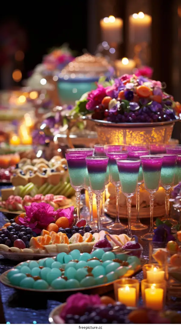 A table full of delectable food and beverages, including vibrant desserts, fruits, and drinks