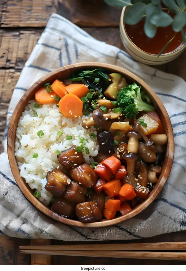 Japanese food donburi with rice, shitake mushrooms, carrots, broccoli and spinach