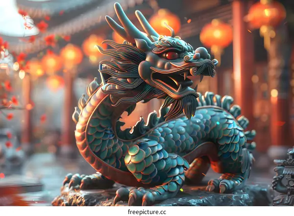 A Chinese dragon statue sits in a courtyard.