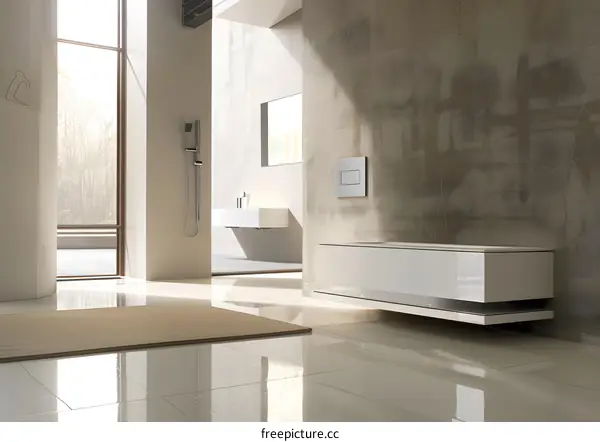 Modern Bathroom with Concrete Wall and Large Window