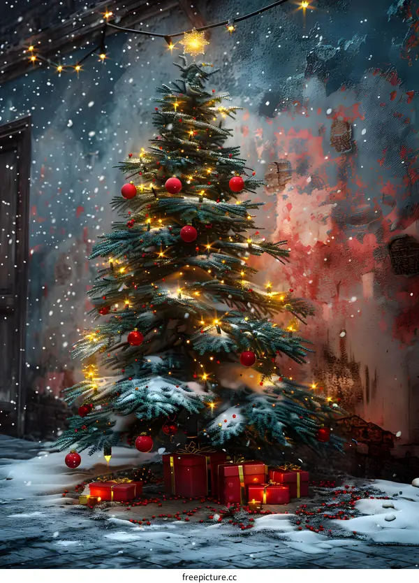 Christmas tree shining in the snow