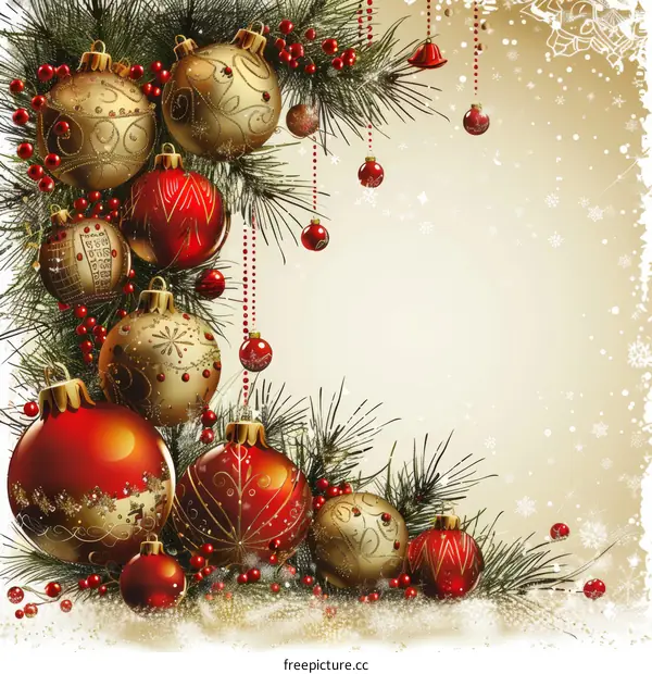 Christmas decorations with red and gold ornaments and a snowy background