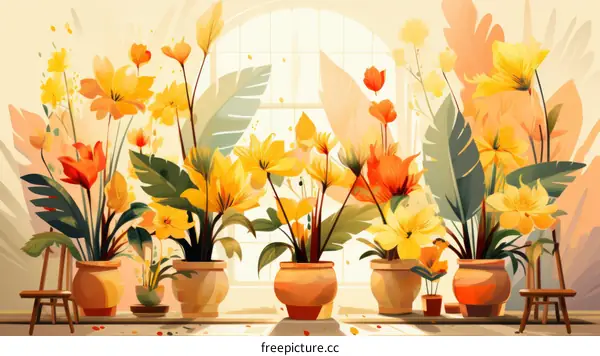 Vibrant Yellow Flowers in Pots: A Beautiful Painting