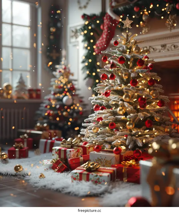 Christmas Tree Decorations with Presents and Snow