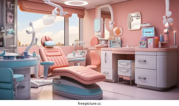Pink and blue dental office interior