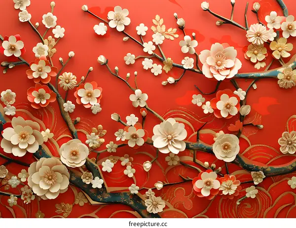 red background with traditional chinese paper cut flowers