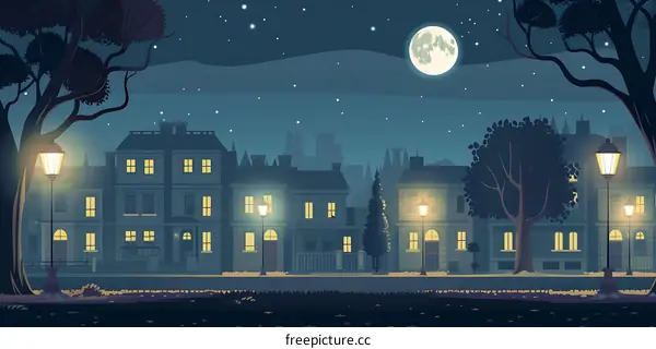 Nighttime Street Scene with Streetlights and Moon