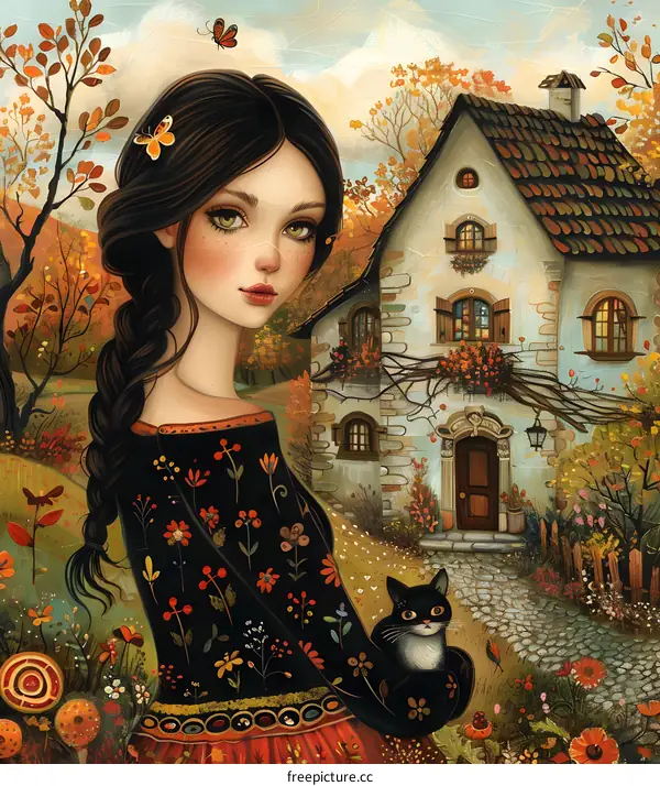Girl with a black cat in front of a cottage in the autumn forest