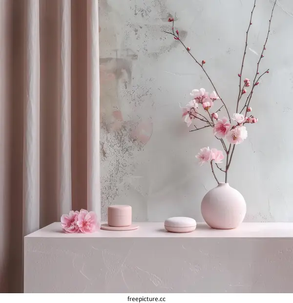 Pink Minimalist Still Life with Cherry Blossoms and Cosmetics