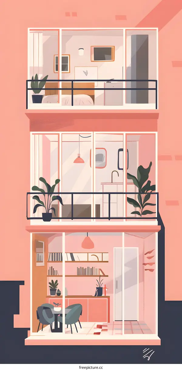 Modern Minimalist Pink Apartment Building Exterior Illustration