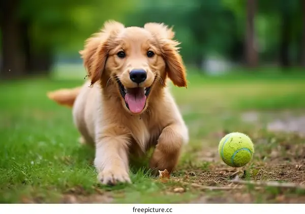 Golden Retriever Puppy Bounding Through Green Grass with Tennis Ball